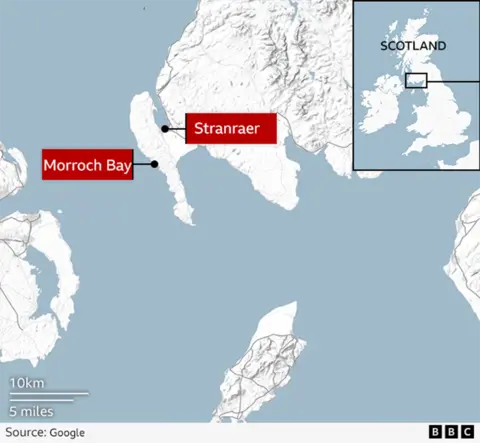 A map showing the location of Morroch Bay with Stranraer nearby
