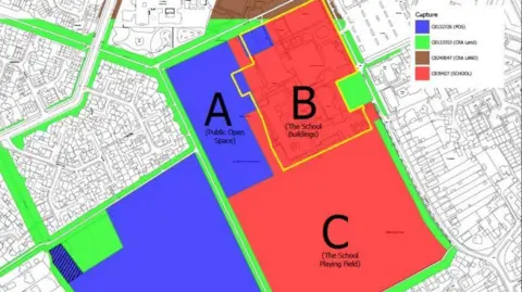 Peterborough City Council A black and white map overlaid with colours showing Areas A, B and C. 