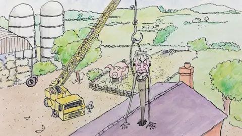 Frances Cony An illustration taken from a children's book of an elderly woman being pulled through the roof of a farmhouse by a crane. There is a pig in a sty in the background.