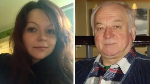 Yulia and Sergei Skripal in separate pictures. Yulia is smiling and wearing a black top, while Sergei has a checked shirt.