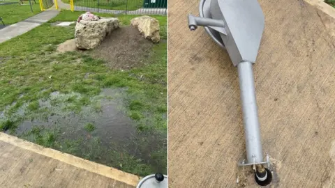 Composite image of waterlogged area of grass within play ground and metal water fountain lying on ground