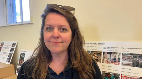 Victoria has long brown hair and is pictured smiling and looking into the camera. She's wearing a black shirt and has sunglasses on the top of her head. Behind her you can see a picture of the proposed market stall refurbs.