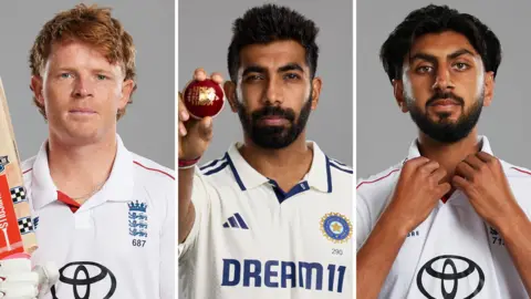 Photos of Ollie Pope (left), Jasprit Bumrah (centre) and Shoaib Bashir (right) 