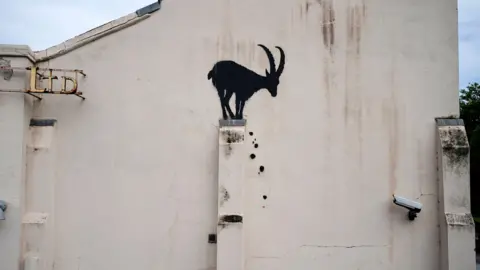 PA Media Banksy stencil piece showing goat perched on pillar on the side of a wall with rocks falling and a real CCTV pointed in its direction.