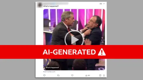 BBC/X A screenshot of an X post promoted as an advert on the platform. It contains a fake, AI-generated image depicting Nigel Farage kicking Andrew Bailey, who is kneeling on the floor on the set of BBC Question Time, with presenter Fiona Bruce shown in the background. The text of the post asks "What's happened?". The BBC has covered the image with an "AI-GENERATED" label with an alert symbol.