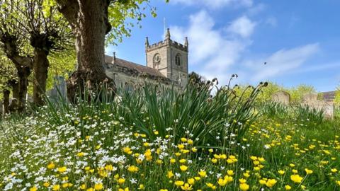 Buttercups and daisies fill the shot up a hill with a church tower in the middle and blue sky behind