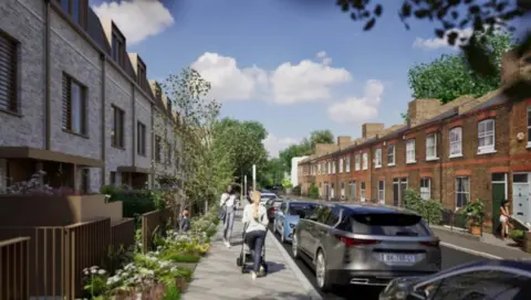 Acorn/Lewisham Council View from the pavement next to the new housing development. Image shows another artist's impression of the new block of flats, this time from the pavement, behind a woman pushing a buggy and next to a row of parked cars.