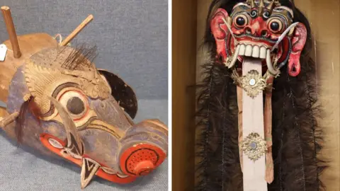 Monica Janowski Composite image depicting representations of Barong and Rangda. One on the left is a wooden carving of a dragon's head, while the one on the right has a scary, monstrous face with a large tongue descending from its mouth.