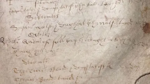 Huntingdonshire Archives All Saints' Church parish record from 1612, with a line about the Queen of Scots' coffin lying overnight