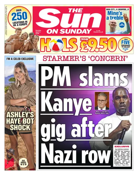 "PM slams Kanye gig after Nazi row" reads the headline on the front page of the Sun on Sunday.