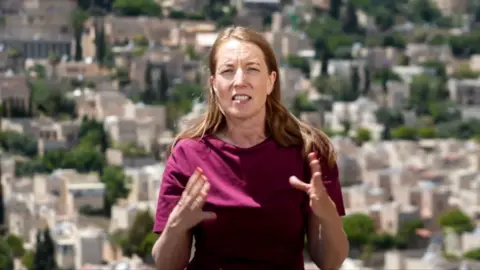 The BBC's Middle East correspondent Yolande Knell addresses the camera