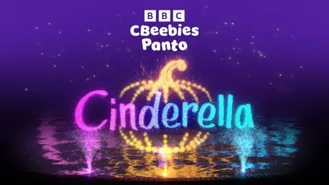 BBC A graphic that says Cinderella in bold colours. It shows a pumpkin behind it over water and stars behind it. It says BBC CBeebies Panto at the top of the graphic.