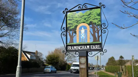 Paul Moseley/BBC The village sign of Framingham Earl, which features a knight with a sword and a shield standing in an archway. Behind him are two trees. The sign is next to a road and there are houses and vehicles in the background.