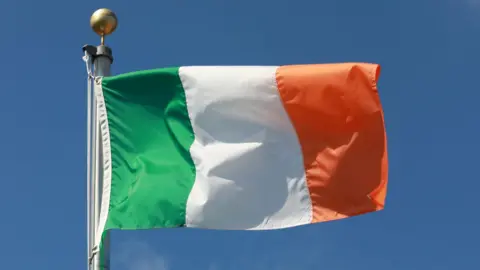 A close-up of the Irish tricolour flag flying on a silver flag pole.