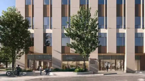 Cambridge University Hospitals A CGI image of what the new cancer hospital will look like.It is tall and has different brown blocks and panels on its front, as well as many windows. There is a tree in front of the building and people are sat or walking around.