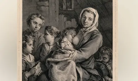 Wellcome Collection An engraving in black of a woman breast feeding a baby with four other children gathered around her, by N de Larmessin III after Jean-Baptiste Marie Pierre