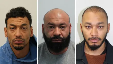 Metropolitan Police Custody images of brothers, from left to right, Cleveland McEntee, Leon Woods and Tron McEntee - all men with dark hair and beards
