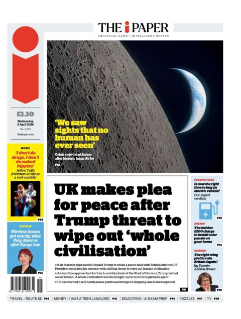 The headline on the front page of the i Paper reads: “UK makes plea for peace after Trump threat to wipe out 'whole civilisation'".