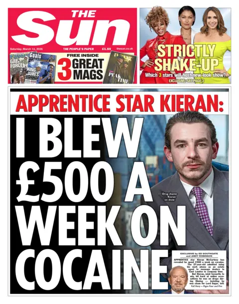 The headline on the front page of the Sun reads: "I blew £500 a week on cocaine."