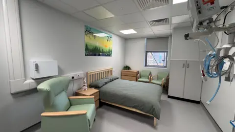 University Hospital Southampton A room with white floors, walls and ceilings with a double bed in the middle with sage-green bedding. There's a painting of a sunset above the bed and a window on the far wall.