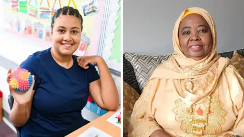 A composite of two images. On the left, teenage girl Ann Eyre looks to the camera. She has dark hair in cornrows and is smiling. She is wearing a blue tunic style top and is holding her left hand to her shoulder. On the right, Zainab Kazinja is sitting on a sofa wearing a headscarf and a gold embroidered gown.