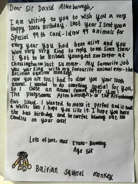 Samantha Evans-Browning A hand written letter from Max to Attenborough wishing him a happy birthday. 