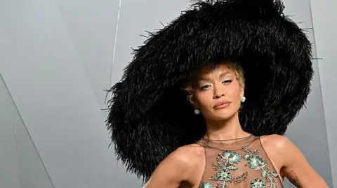 The singer songwriter Rita Ora posing for a photograph wearing a large black ostrich hat. She is wearing a light brown dress with floral patterns and earrings.