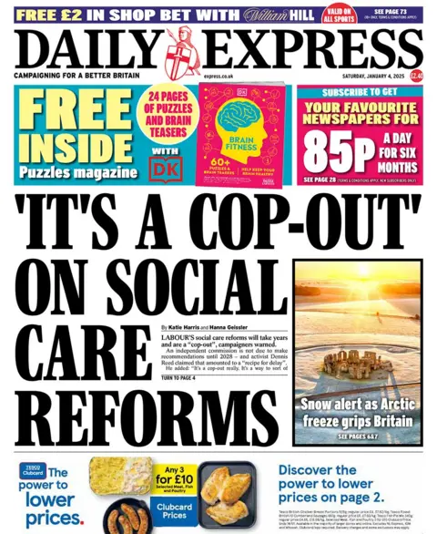 The headline in the Daily Express reads: "'It's a cop-out' on social care reforms"