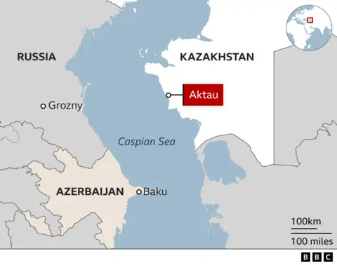 Peta yang menunjukkan Grozny (Rusia), Aktau (Kazakhstan) dan Baku (Azerbaijan).