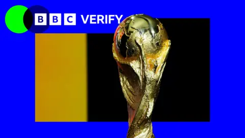 The FIFA World Cup 2026 trophy. A golden globe is at the top of the trophy, and is held by two gold human figures that twist down to the base. The blue and green BBC Verify logo is in the top left corner.