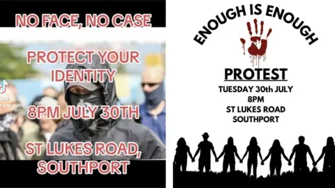 Screengrabs of two posters shared online, one said "No face, no case" and urging people to hide their identities and other sayings "that's enough"but both are calling for people to gather together on the evening of July 30 in St Lukes Road, Southport