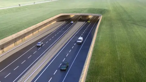 National Highways Concept image of the A303 Stonehenge road tunnel. Cars can be seen driving along the road, which goes down into a tunnel under the field. 