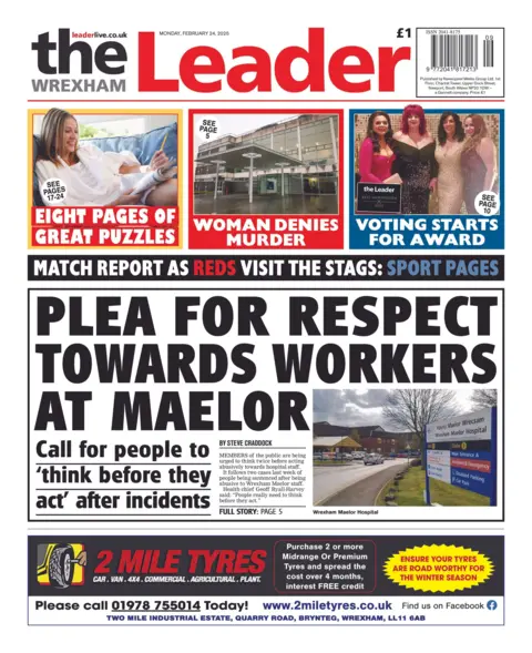 Wrexham Leader Wrexham Leader newspaper front page shows the main headline next to a photo of Wrexham Maelor Hospital: Plea for respect towards workers at Maelor. Other headlines on the front page are: Warning to avoid waste collection fine. 'Monster' jailed, and 'Voting starts for award'. 