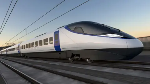 An early visualisation of a white HS2 train with blue door seen speeding along a track