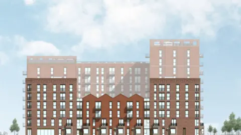 Trafford Council Image shows a computer rendering of a brown-brick building split into three sections of varying height, almost in the style of Victorian warehousing. A larger block stands behind it. 