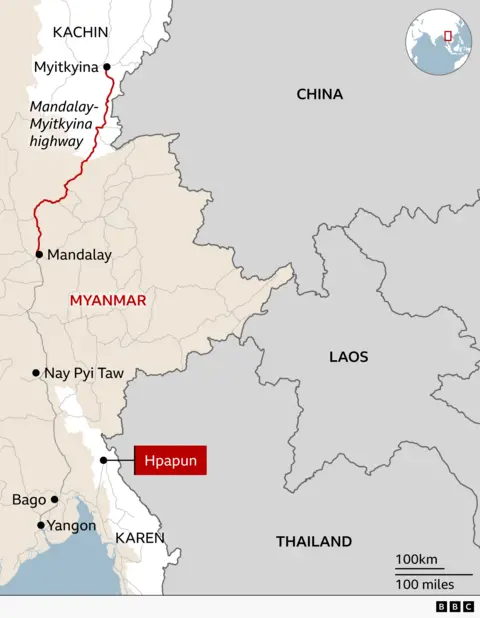 A map showing Myanmar, its main cities, as well as the provinces of Kachin, on the Chinese border in the north, and Karen, in the east next to Thailand. It also marks Hpapun, in Karen state.