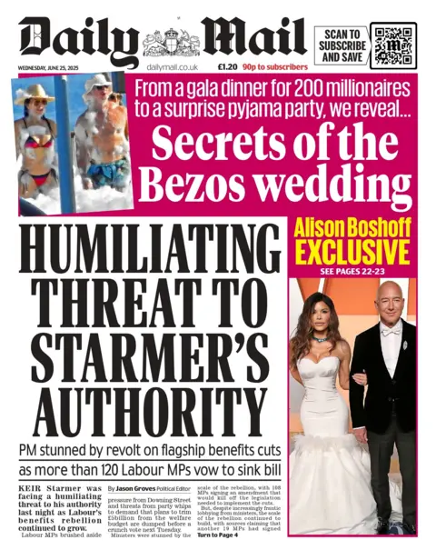 "Humiliating threat to Starmer's authority" reads the headline on the front page of the Daily Mail.