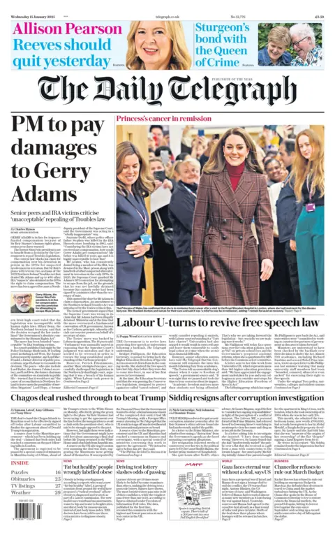 Judul di halaman depan Daily Telegraph berbunyi: 'PM akan membayar ganti rugi kepada Gerry Adams'