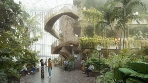 PA Media An artist's impression of how the interior foyer would look after the redevelopment. It shows a space with ceiling to floor windows, a dark tiled floor, large plants, an internal concrete staircase and a handful of people gathering in various places.  