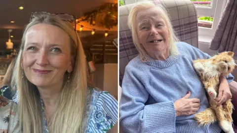 A split image of an older woman on the right with shoulder-length white-blonde hair, wearing a light blue knitted jumper. She's holding a toy ginger cat. On the left is her daughter-in-law, who has long blonde hair and is wearing a blue and white striped top.