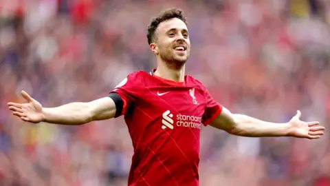 PA Media File photo dated 21/08/21 of Diogo Jota celebrating a goal at Anfield