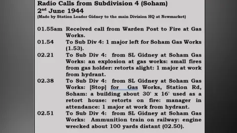 Soham Museum Typed transcription of Soham Fire Service radio call log, 1944