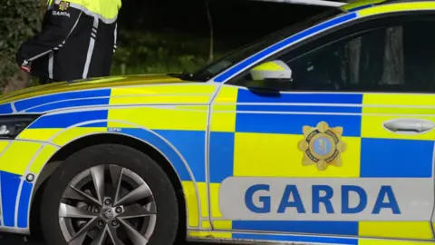 A yellow and blue garda police car with an officer standing against it. 