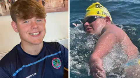 (Left) Oscar Black smiles in a blue shirt, (Right) Oscar Black swimming in a yellow cap and goggles