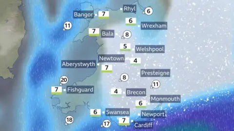 The weather map shows an area of Wales where snow is forecaston Thursday.