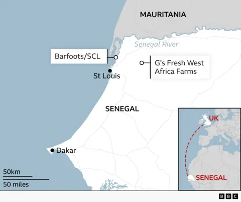 A map showing the location of the two farms in Senegal