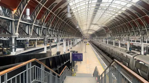 Empty platforms at Paddington train station in London as members of Aslef strike 