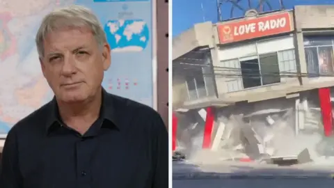Jonathan Head on the left. A collapsed building on the right.