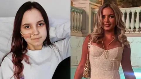 Two images side-by-side of Lucy Dare. On the left, she is shown as a young teenager, sat in bed with dark brown-red hair with a feeding tube in her nose. On the right, she is shown in her 20s, posing for a photo in a white top and dressed up with makeup, with blonde hair.