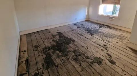 Bailey Capital Dirt is strewn across the exposed floorboards of a room. Wallpaper is peeling off the wall underneath a window on the far wall.